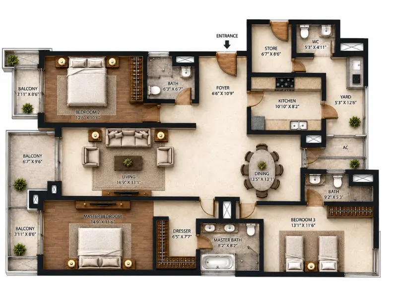 CWG Village 3 BHK floor plan 1850 sq ft
            Akshardham Delhi